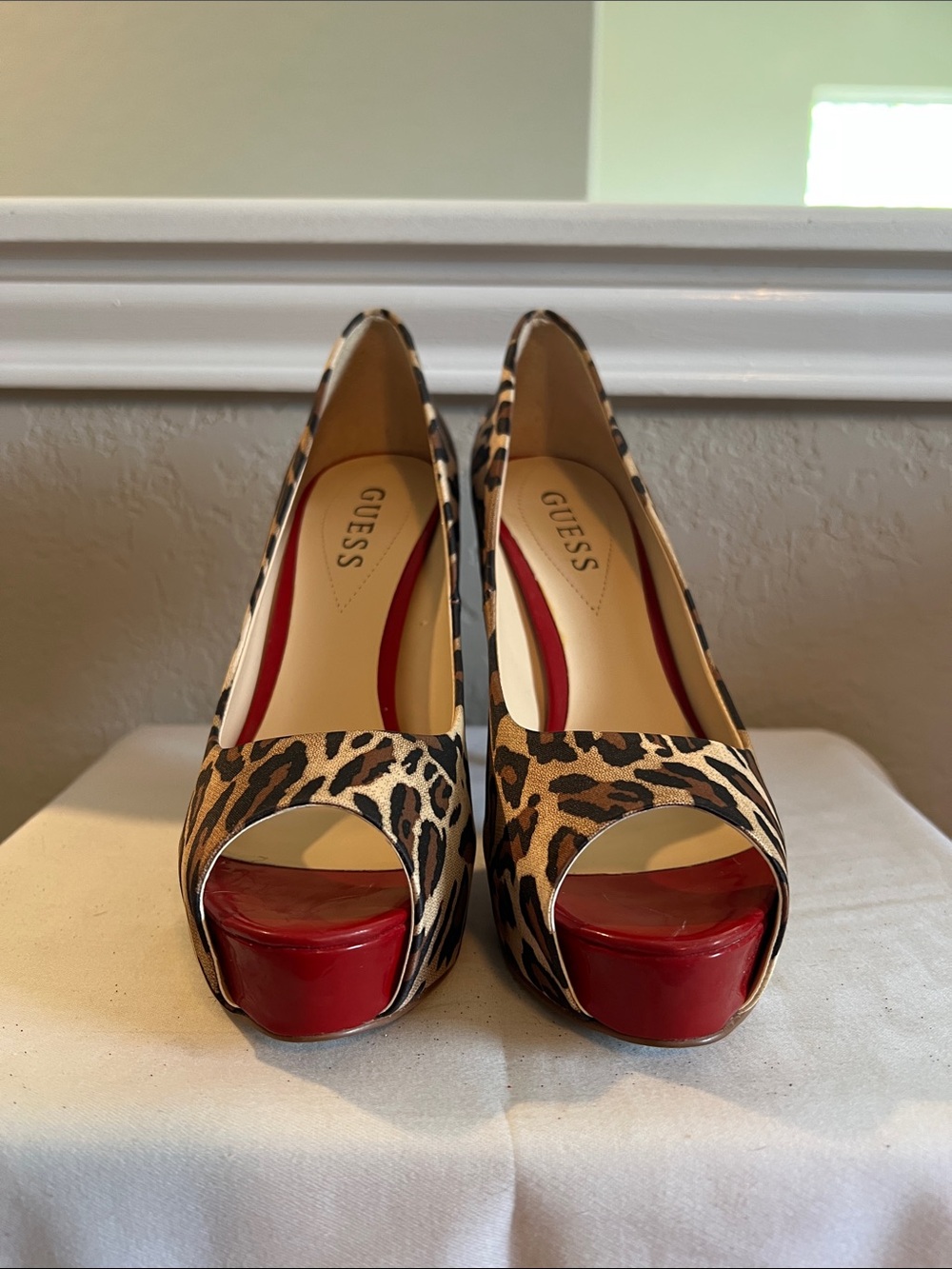 GUESS Leopard Print Peep-Toe Heels with Red Platform